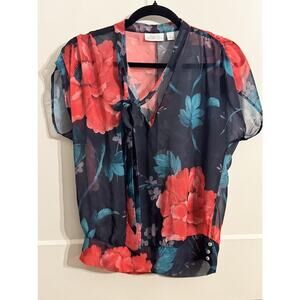 Sweet Pea Blouse Womens Medium Multicolor Floral Sheer Tie Neck Bow Old Money